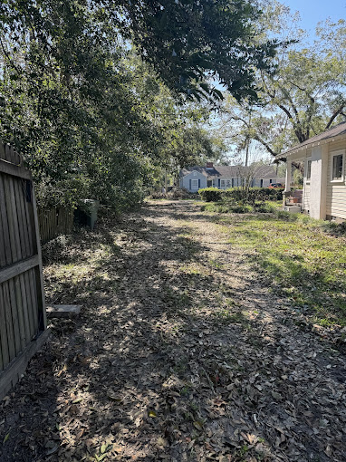 A dirt road next to a house and trees