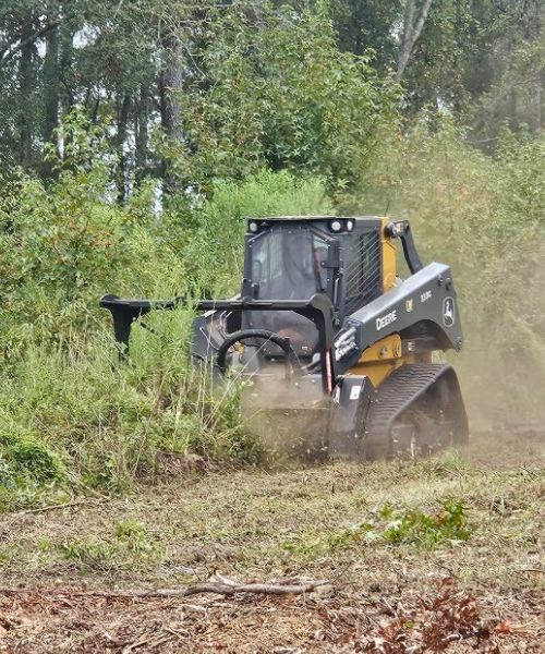 A black and yellow tractor is driving through the woods